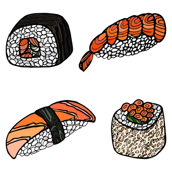 Ensemble de rouleaux de sushi. De la nourriture japonaise. Illustration vectorielle dessinée à la main — Image vectorielle