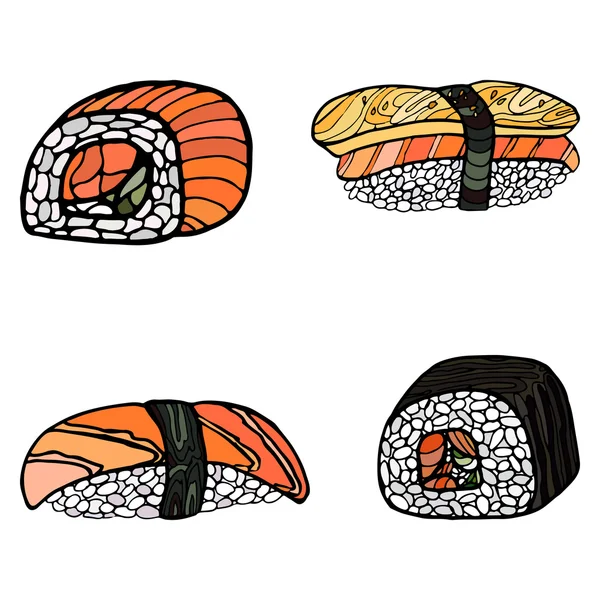 Uppsättning sushi rullar. Japansk mat. Handritad vektor illustration — Stock vektor
