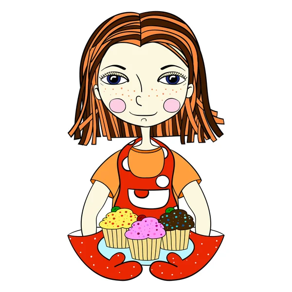 Μια κοπέλα που κρατά ένα πιάτο γλυκά, cupcakes. Η έννοια της del — Διανυσματικό Αρχείο