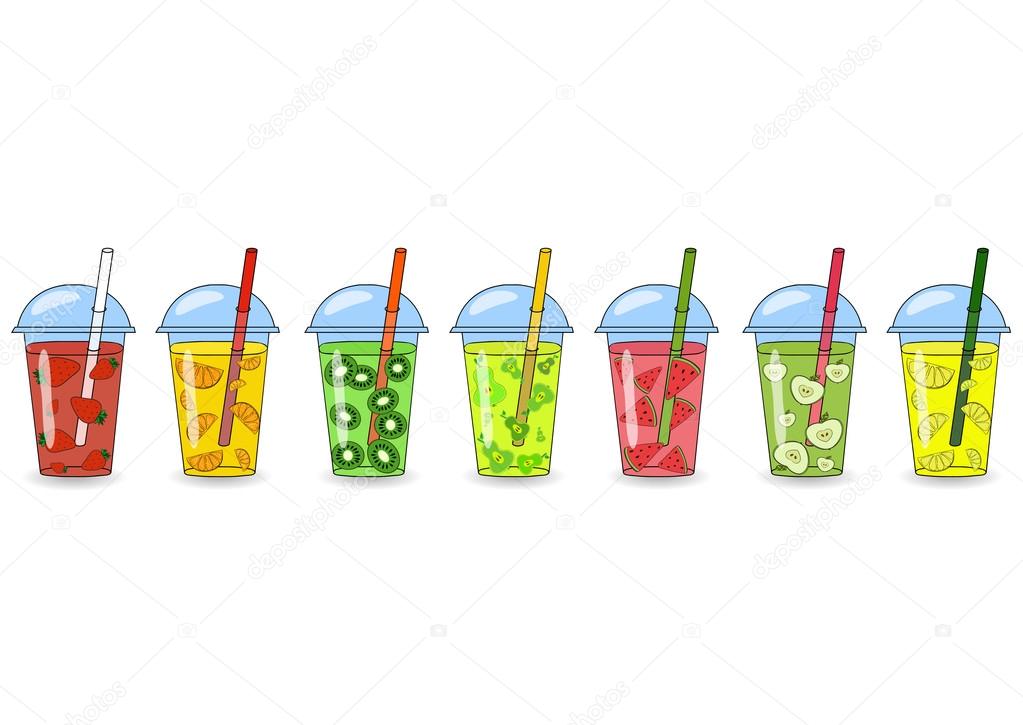 Set of smoothies, juices with different flavors: fruit and vegetable. The concept of a healthy lifestyle, proper nutrition, summer, fun. The logo, a banner for a cafe. Vector Hand-painted