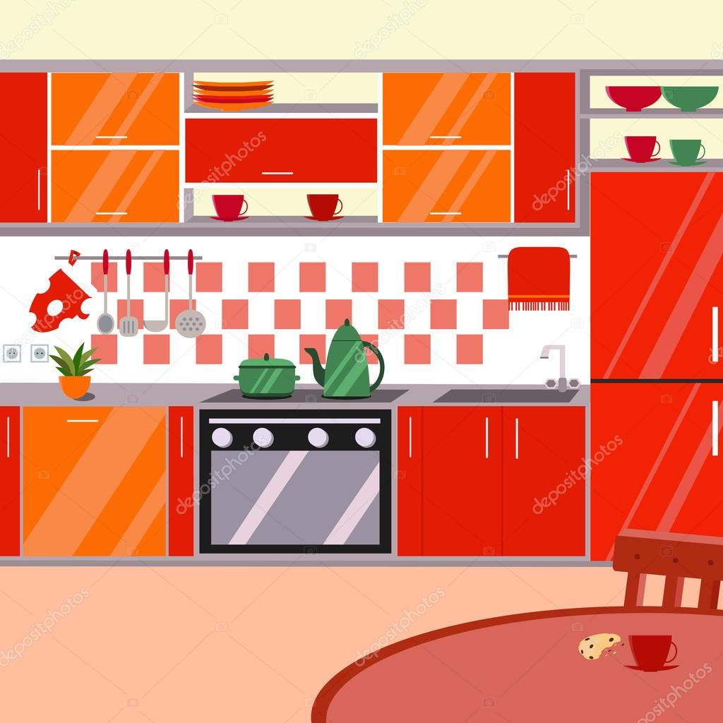 Kitchen interior vector illustration. Cartoon flat style Stock Vector Image  by ©Juliasart #111640864