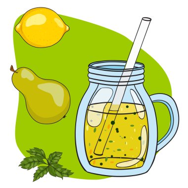 Vektör el bir bardak meyve yüzlü illüstrasyon çizilmiş