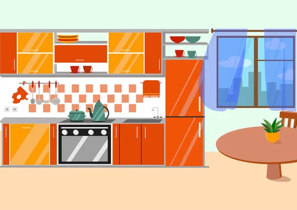 Cozinha com móveis e longas sombras. Vetor de estilo de desenho animado plano — Vetor de Stock