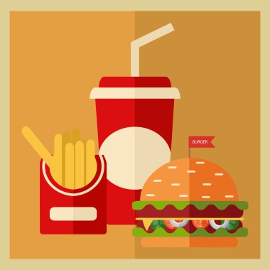 Fast food vektörü. Bir grup dostane Fast Food yemeği. Düz tasarım