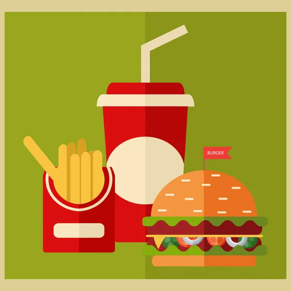 Vettore di fast food. Un gruppo di amichevoli pasti Fast Food. Design piatto — Vettoriale Stock