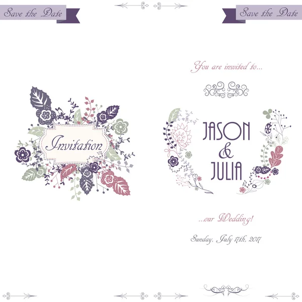 Handgezeichnete Hochzeitseinladungskarte, Boho-Stil, Vektor — Stockvektor