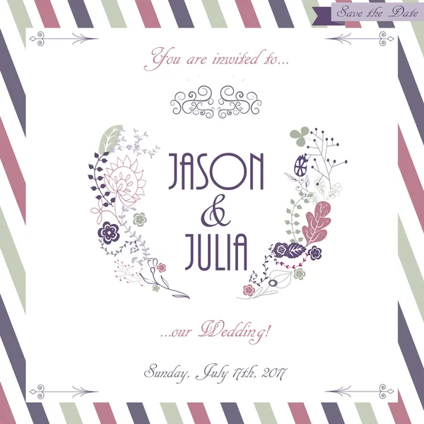 Carte d'invitation de mariage dessinée à la main, style boho, vecteur — Image vectorielle