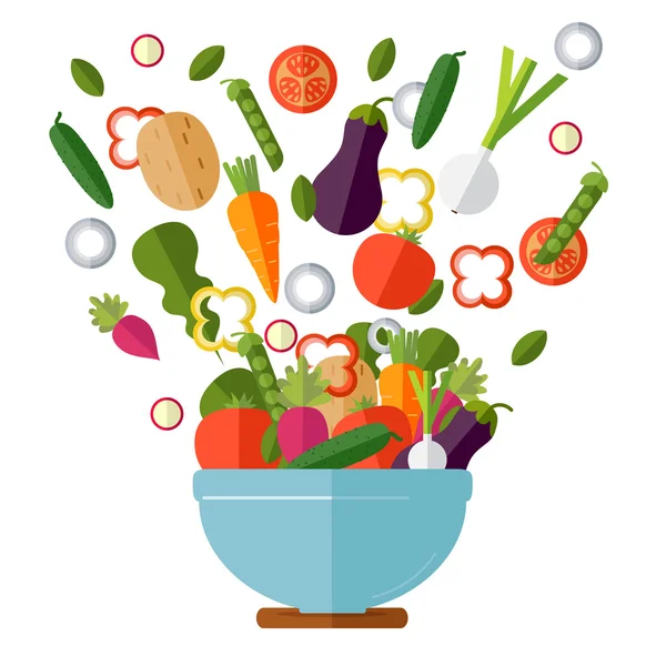 Taze sebze salatası yemek. Düz stil. Vektör illustra