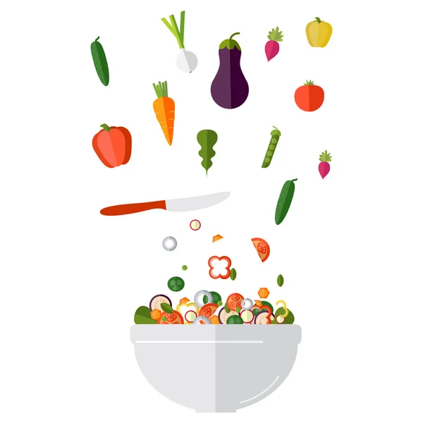 Cocinar ensalada con verduras frescas. Estilo plano. Vector ilustra — Archivo Imágenes Vectoriales