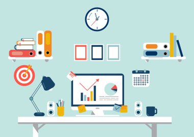 Düz tasarım öğeleri kümesi, çalışma alanı gösteren resim. Vektör