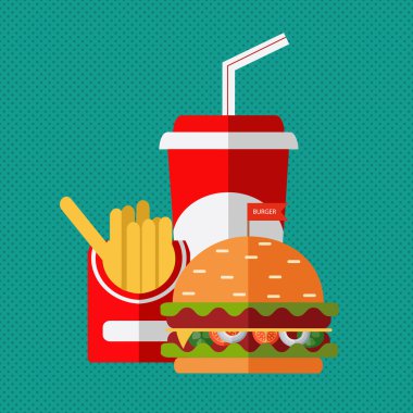 Fast food vektörü. Bir grup dostane Fast Food yemeği. Düz tasarım