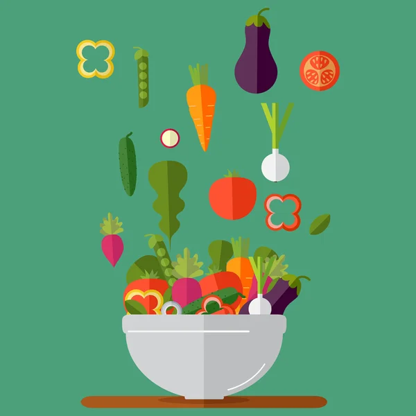 Salade met verse groenten koken. Vlakke stijl. Vector illustra — Stockvector