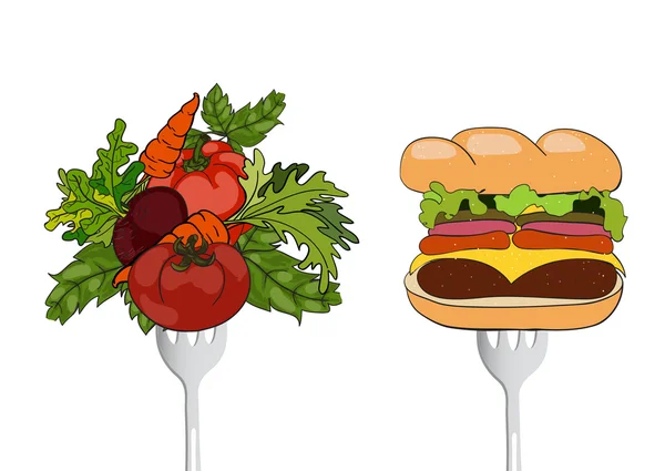 Ilustración vectorial. Verduras y comida rápida en un tenedor — Archivo Imágenes Vectoriales