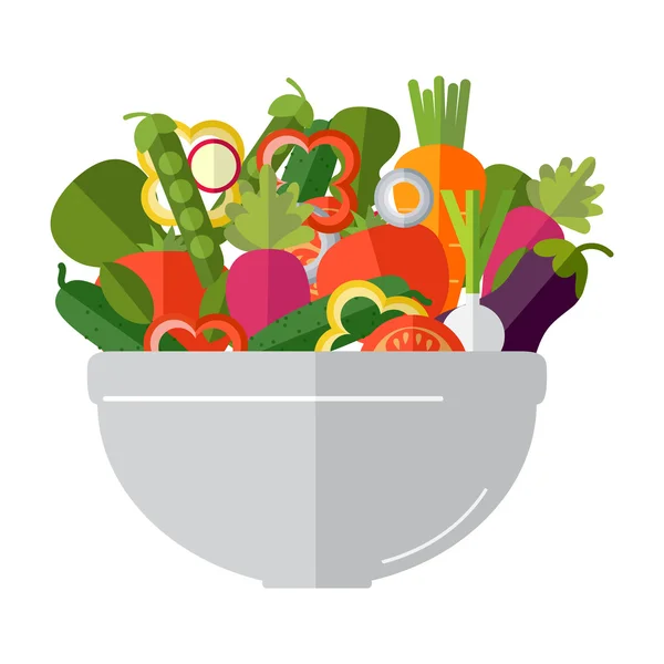 Cozinhar salada com legumes frescos. Estilo plano. Ilustração vetorial — Vetor de Stock