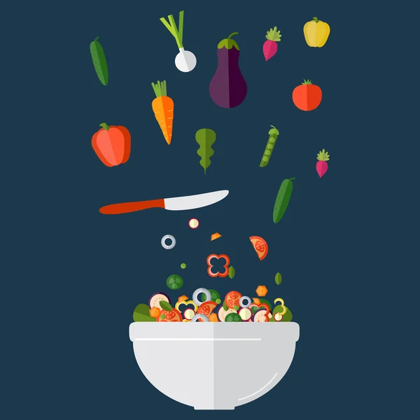 Insalata di cottura con verdure fresche. Stile piatto. Illustrazione vettoriale — Vettoriale Stock