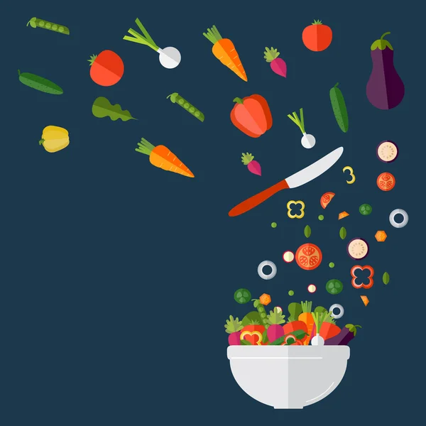 Salat mit frischem Gemüse kochen. flachen Stil. Vektorillustrationen — Stockvektor