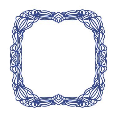 El çizimi mavi ahşap çerçeve, dekoratif kenar ve dış hat, çizim stili doğrusal çizgi, temiz kaprisli kalem karalama.