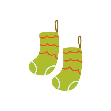 Hand-drawn festive pair of socks hanging by the Christmas tree, colorful whimsical holiday illustration.