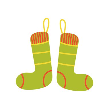Hand-drawn festive pair of socks hanging by the Christmas tree, colorful whimsical holiday illustration.