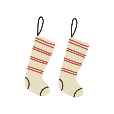 Hand-drawn festive pair of socks hanging by the Christmas tree, colorful whimsical holiday illustration.