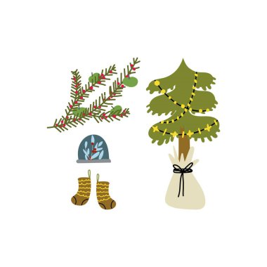 Çuvaldaki yankı ağacı, kış dalı, botlar ve kar küresi temiz sürdürülebilir bir Noel vektörü olarak gösterilmiştir.