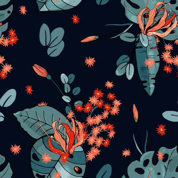 Botanik yeşillik, palmiye yaprakları ve modern el çizimi düz bir çevre tasarımı ile kusursuz tekrarlanabilir kiremit deseni..