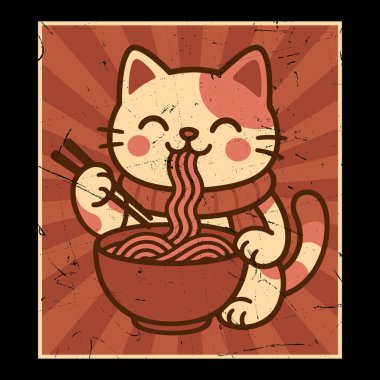 Şirin Şanslı Kedi Ramen Tişörtü Yiyor Tasarımı