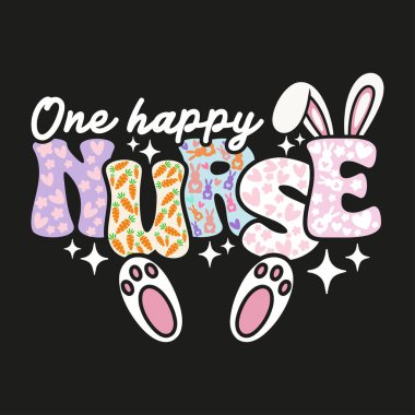 Mutlu Hemşire Sevimli Paskalya Tavşanı Tavşan Retro Vintage Tişört Tasarımı