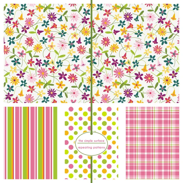 Floral ditsy pattern with coordinating stripe, polka dot and plaid prints. Pink, green, orange, purple and blue. Sweet repeating pattern for baby shower, cards, fabric, gift wrap, backgrounds and more. Spring, summer style. Stock Illustration
