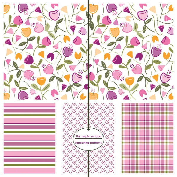 Flower ditsy seamless pattern with coordinating stripe, dot and plaid print. Repeating patterns for gift wrap, fabric, scrapbook paper, backgrounds, baby shower and more. Feminine print. Floral repeat. Royalty Free Stock Vectors