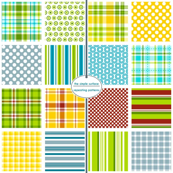 16 seamless patterns for scrapbook paper, gift wrap, cards, backgrounds, fabric and more. Plaid, gingham, polka dot, and stripe repeating patterns. Blue, Green, Red, Yellow, Orange. Colorful pattern swatch set. Royalty Free Stock Vectors
