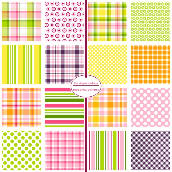 16 seamless patterns for scrapbook paper, gift wrap, cards, backgrounds, fabric and more. Plaid, gingham, polka dot, and stripe repeating patterns. Pink, yellow, green, purple and orange. Colorful pattern swatch set. Stock Illustration