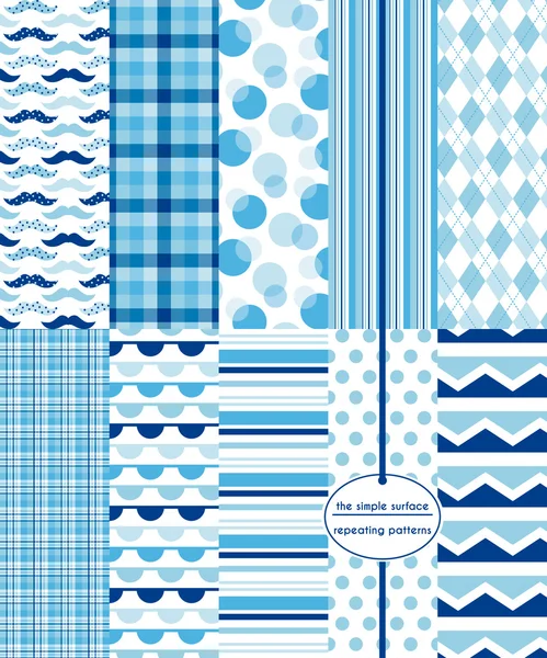 Blue seamless patterns for scrapbook paper, fabric, gift wrap, cards and more. Mustache, plaid, polka dot, stripe, argyle, bunting and chevron prints. Navy, blue and white repeating patterns. Classic, retro, modern, geometric style. Stock Vector