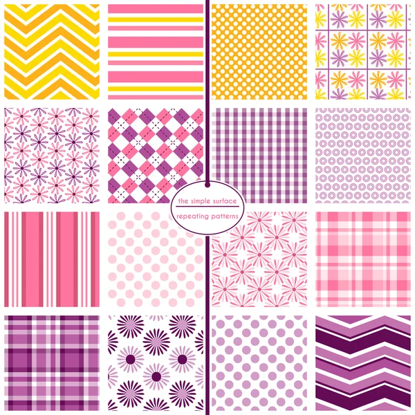 16 seamless patterns for scrapbook paper, gift wrap, backgrounds, fabric and more. Flower, chevron, stripe, polka dot, argyle, gingham, plaid and chevron repeating patterns. Pink, purple, orange and yellow. Feminine, geometric style. Stock Vector