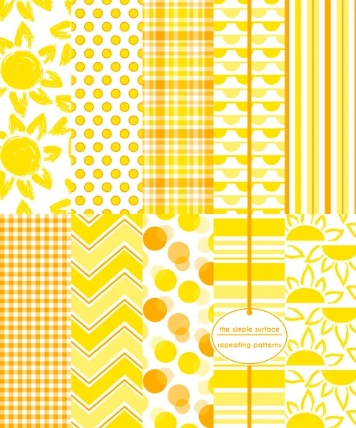 Sunshine seamless patterns with coordinating circle, plaid, bunting, stripe, gingham, plaid and chevron print. Sun prints for scrapbook paper, gift wrap, cards, fabric, invitations and more. Summer, hot, sunny. Stock Illustration
