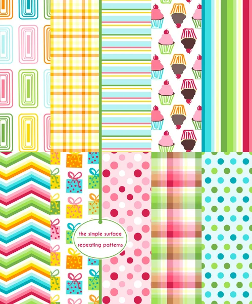 Set of 10 birthday party seamless patterns for scrapbooking, gift wrap, wrapping paper, cards, invitations and more. Cupcake, gift, polka dot, stripe, chevron and geometric prints. Colorful repeating patterns. Happy birthday paper. Stock Illustration