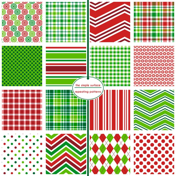 16 Christmas, holiday, xmas seamless patterns for backgrounds, cards, gift wrap, wrapping paper, tags, scrapbooking and more. Circles, gingham, chevron, plaid, polka dots, stripes and argyle repeating patterns. Red and green. Happy, merry, jolly. Royalty Free Stock Vectors