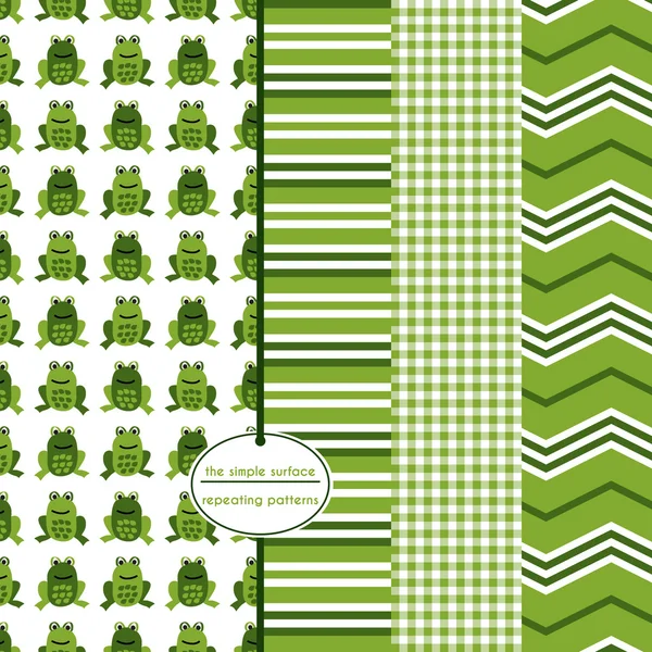 Green frog seamless pattern with coordinating stripe, gingham and chevron print for scrapbook paper, baby shower, gift wrap, backgrounds, fabric and more. Colorful, playful, cute, whimsical style. Stock Vector