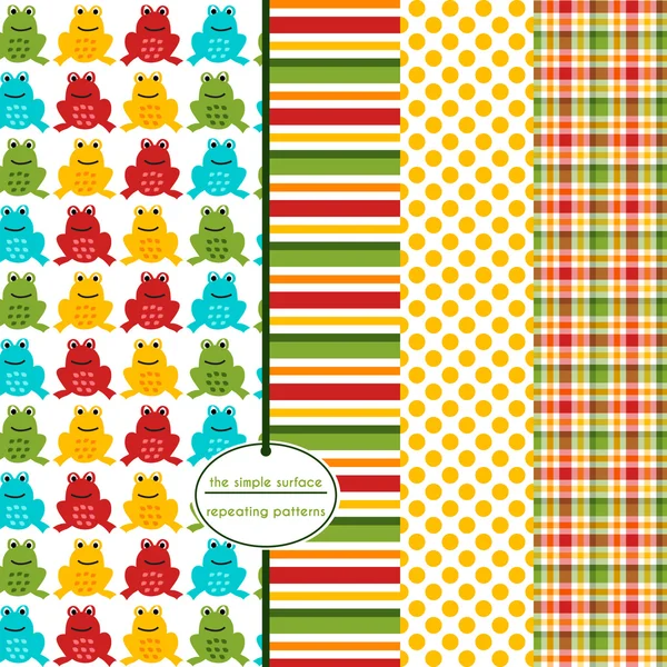 Frog seamless pattern with coordinating stripe, polka dot and plaid print for scrapbook paper, baby shower, gift wrap, backgrounds, fabric and more. Colorful, playful, cute, whimsical style. Red, blue, green, orange. Stock Illustration