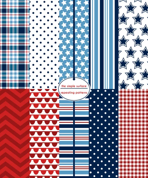 Red, white and blue seamless patterns for backgrounds, borders, scrapbook paper, gift wrap and more. File includes: stars, stripes, gingham/plaid, polka dots, chevron and bunting. July 4th holiday, patriotic style. Royalty Free Stock Illustrations