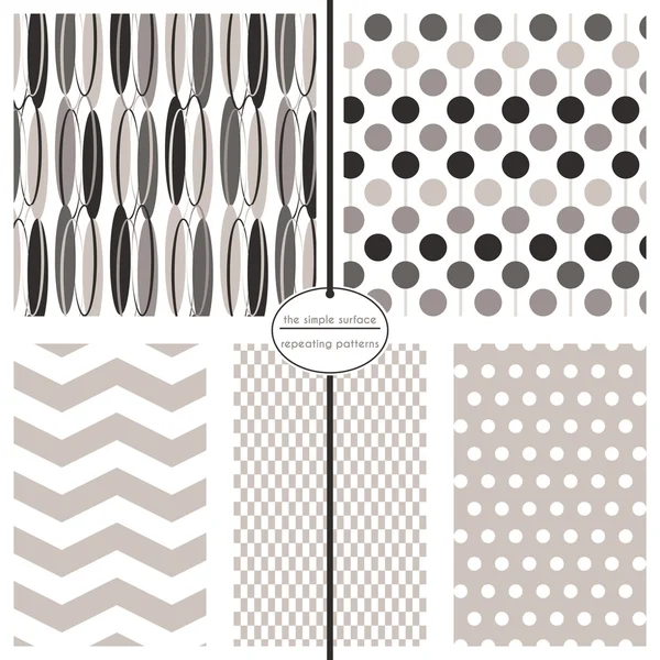 Modern, abstract seamless patterns. Grey, black, white repeating patterns for scrapbook paper, fabric, gift wrap, backgrounds and more. Includes: ovals, circles, chevron, polka dots and abstract print. Gray color. Retro, geometric, modern style. Vector Graphics