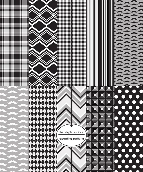 Black, grey and white seamless patterns for gift wrap, scrapbook paper, backgrounds, fabric and more. Includes mustache, gingham, plaid, stripe, polka dot, argyle, chevron and square print. Monochromatic, gray color. Masculine. Modern, preppy, retro. Stock Illustration