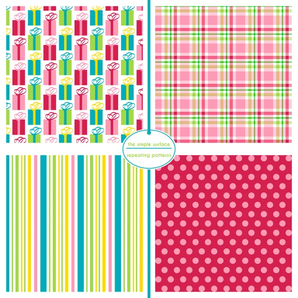 Gift box seamless pattern with coordinating plaid, stripe and polka dot print. Colorful presents. Vector patterns for birthday, gift wrap, holidays, baby shower, scrapbook paper, cards and more. Royalty Free Stock Illustrations
