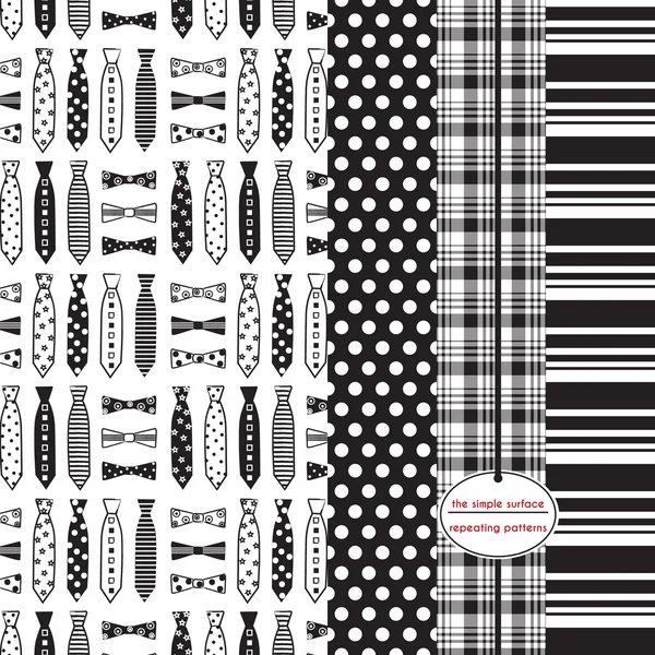 Neckties and bow ties, polka dot, plaid and stripe print. Black and white. Repeating patterns for backgrounds, gift wrap, scrapbook paper, cards and more. Fathers day print. Preppy, classic, masculine, retro, modern, style. Vector Graphics