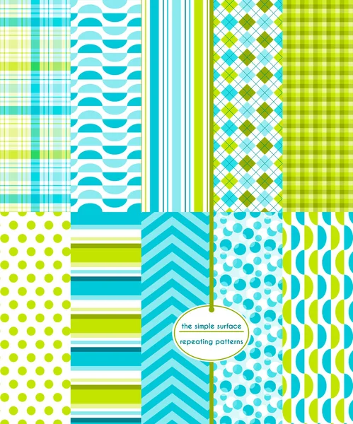 Blue and green seamless patterns for backgrounds, borders, fabric, scrapbook paper, gift wrap and more. File includes: bubble print, gingham/plaid, stripes, polka dots, chevron, argyle and more. Ocean blue and sea green. Abstract, geometric style. Stock Vector
