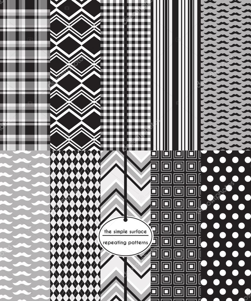 Black, grey and white seamless patterns for gift wrap, scrapbook paper, backgrounds, fabric and