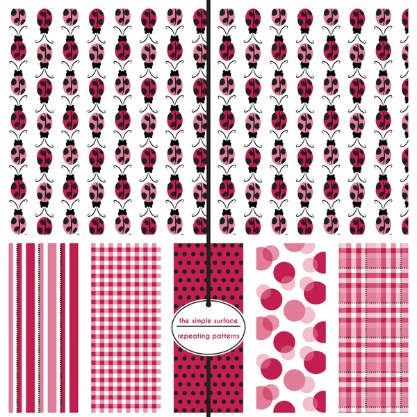 Ladybug seamless pattern with coordinating stripe, gingham, polka dot, bubble and plaid print for baby shower paper, gift wrap, fabric, scrapbook paper and more. Cute, sweet, simple style. Red, black and pink. Stock Illustration