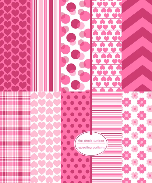 Valentine scrapbook paper. Heart seamless patterns with coordinating polka dots, stripes, plaid and chevrons prints for backgrounds, fabrics, cards, gift wrap, stationery and more. Feminine, love, romance. Vector Graphics