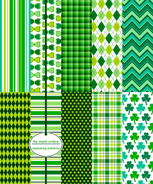 St. Patrick's Day repeating pattern set. Includes stripes, bow ties, gingham, argyle, chevron, diamonds, polka dots and shamrock print. Repeating patterns for scrapbooking, cards, backgrounds and more. Green holiday patterns. Royalty Free Stock Vectors