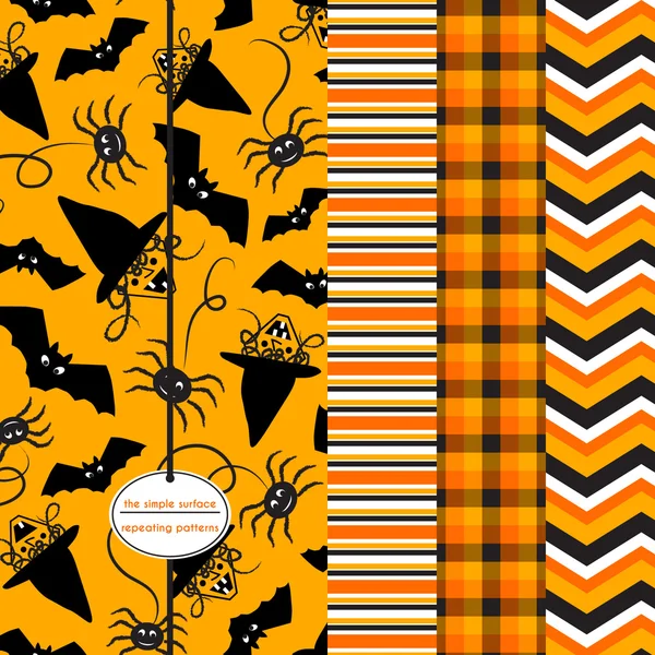 Halloween seamless pattern with witch, spider and bat print. Coordinating stripe, plaid and chevron pattern for fabric, backgrounds, scrapbook paper, gift bags and more. Black and orange holiday print. Vector Graphics